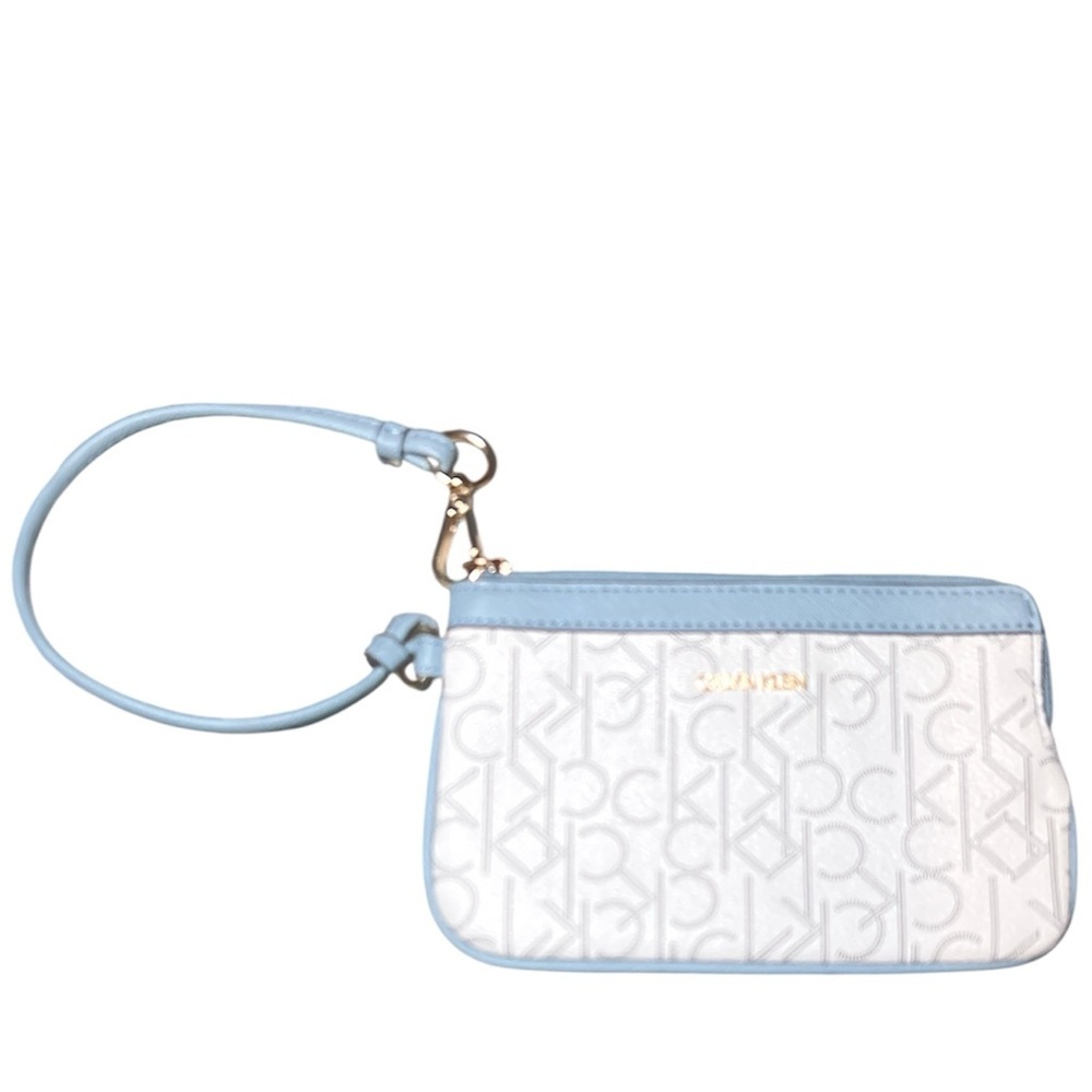 Calvin Klein Monogram White and Light Blue Wristlet